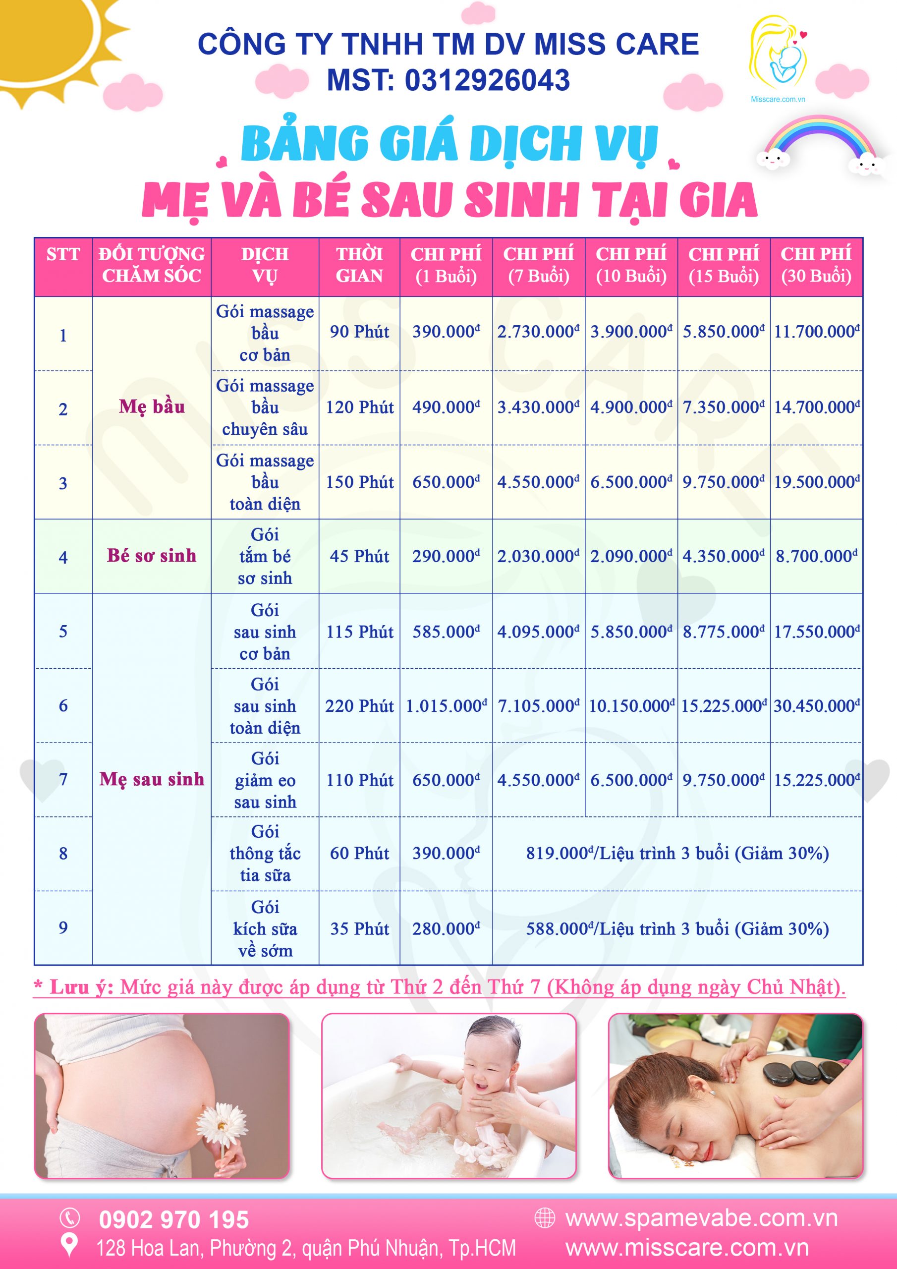 Bảng giá mẹ và bé sau sinh tại gia